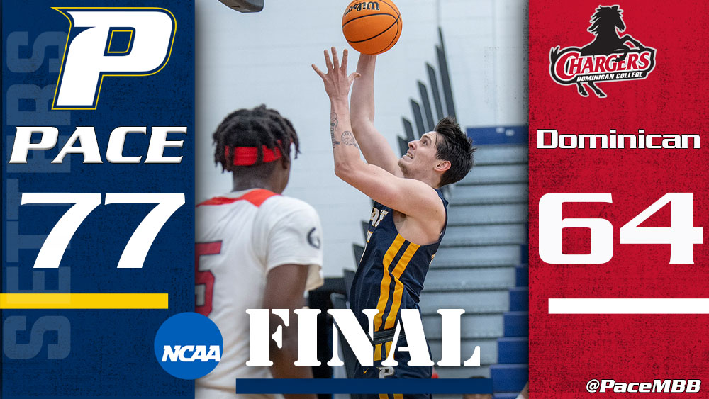 A SETTER SATURDAY! 😤🐶

<a href="/PaceMBB/">Pace Men's BBALL</a> surges past Dominican to earn first NCAA win in 20 years!