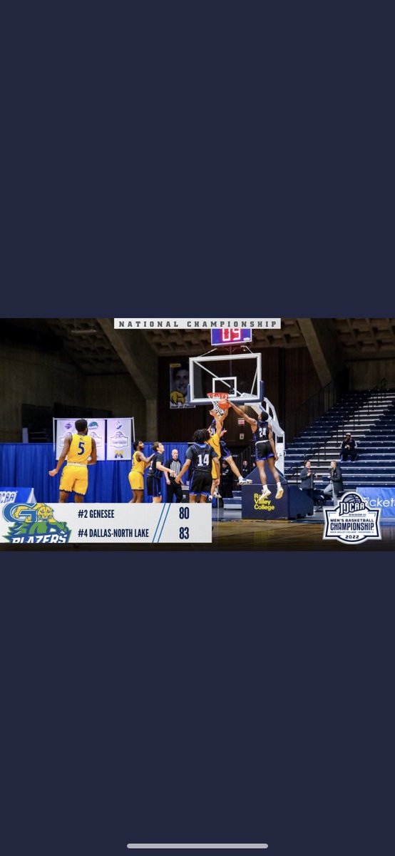Josh_Mills's tweet photo. We did it! @northlake_dc def. GeneseeCC 83-80 for the @NJCAA D-III National Championship🏀🏆💍 I am so proud of our guys. They worked hard all year and beat some really good teams. Shout out to all of the former Blazers who paved the way. This is our program’s 4th championship. https://t.co/rZ62p1f0gl