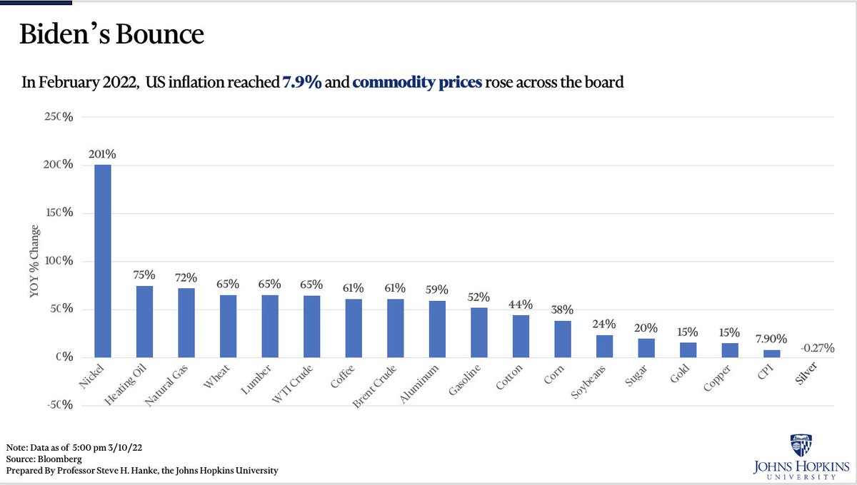 steve_hanke's tweet photo. SANCTIONS’ ECONOMIC FALLOUT:  Thanks to the Russia-Ukraine War &amp; economic sanctions, commodity prices have surged significantly during Biden’s presidency. Take a look below at some commodity (and CPI) price changes over the last year: https://t.co/VChs4fb8My