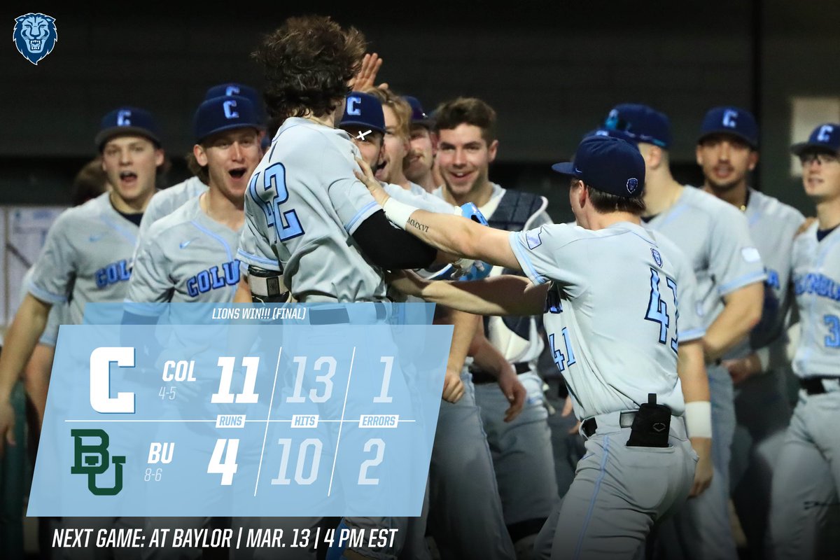 CULionsBaseball's tweet image. LIONS WIN!!! 😤😤
Columbia gets 4️⃣ RBIs from MacGregor and a 💣 from Schott to collect the first program win over a @Big12Conference oppenent. 👏👏
#RoarLionRoar