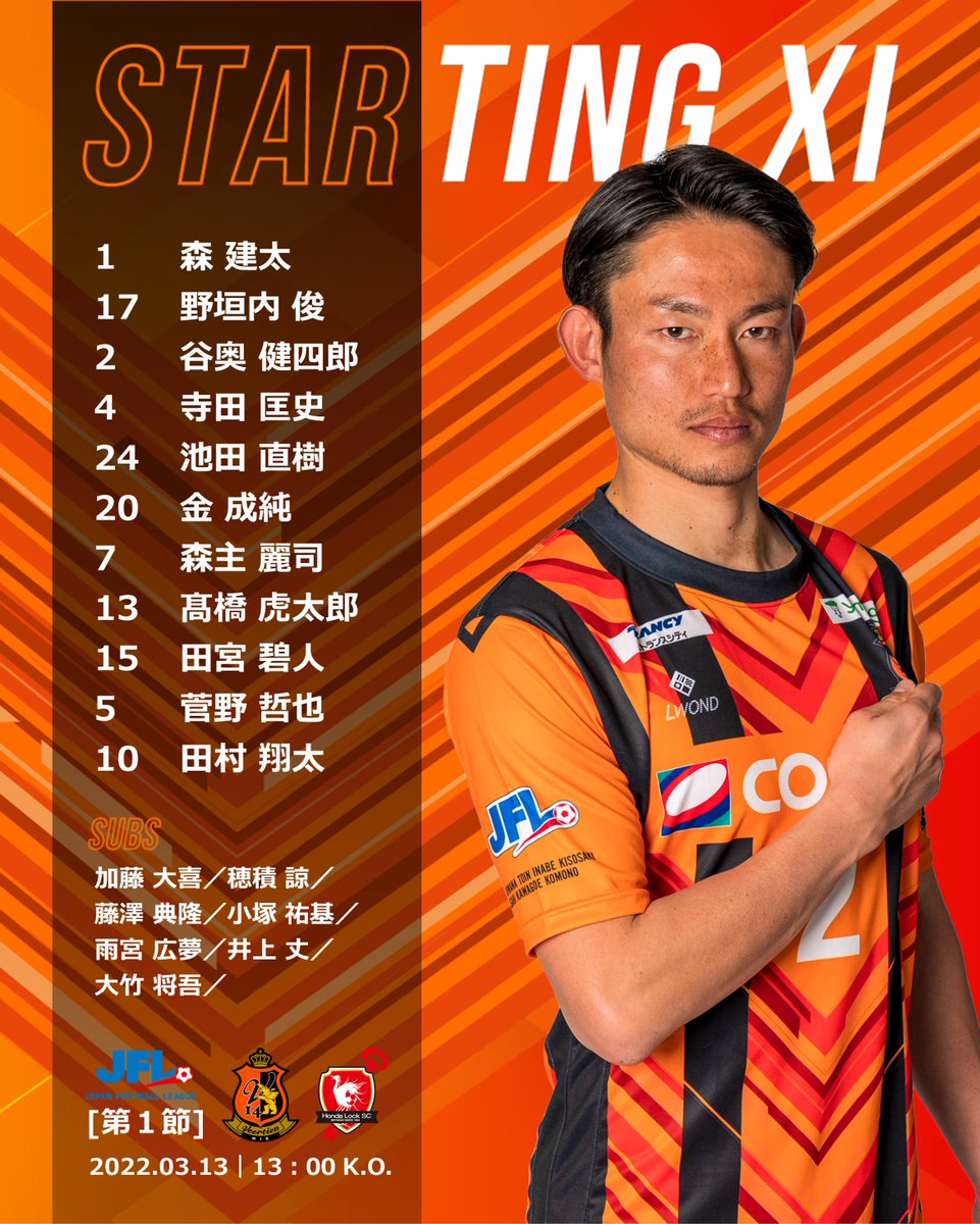 Veertien_TSC's tweet photo. 【JFL第１節 vs.ロック】

🟧 STARTING XI ⬛️

開幕戦のメンバー発表🔥
共に闘いましょう👊

⌚13:00 K.O.
🆚#ホンダロックSC 
🏟#アサスタ 

💻LIVE配信(Supported by LA・PITA)
https://t.co/6fNr9Hj8Fo

#JFL 
#STARTINGXI 
#ヴィアティン三重 https://t.co/N4tpRpYuXy