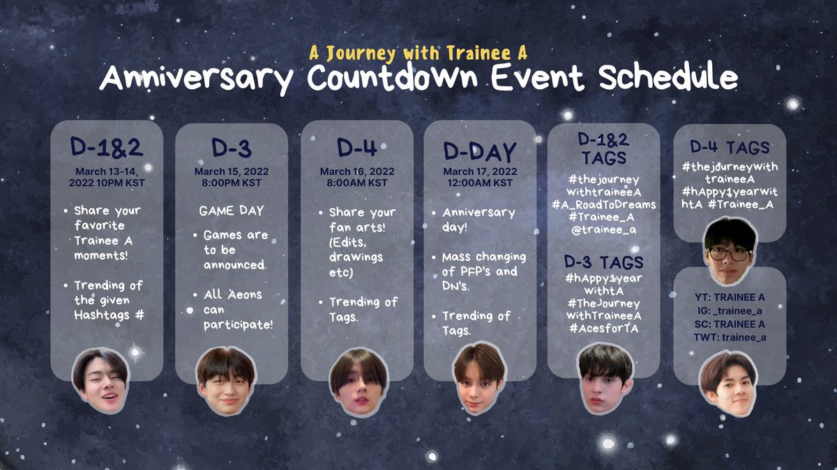 cortis_pic's tweet photo. <EVENT>

Trainee A 1st Anniversary Event

📍Start from March 13th to 17th 
(17th is the d-day because it’s the first day Trainee A started their social media) 

*check photo for more details! 

#TraineeA @trainee_a https://t.co/Vawr7pkXZf