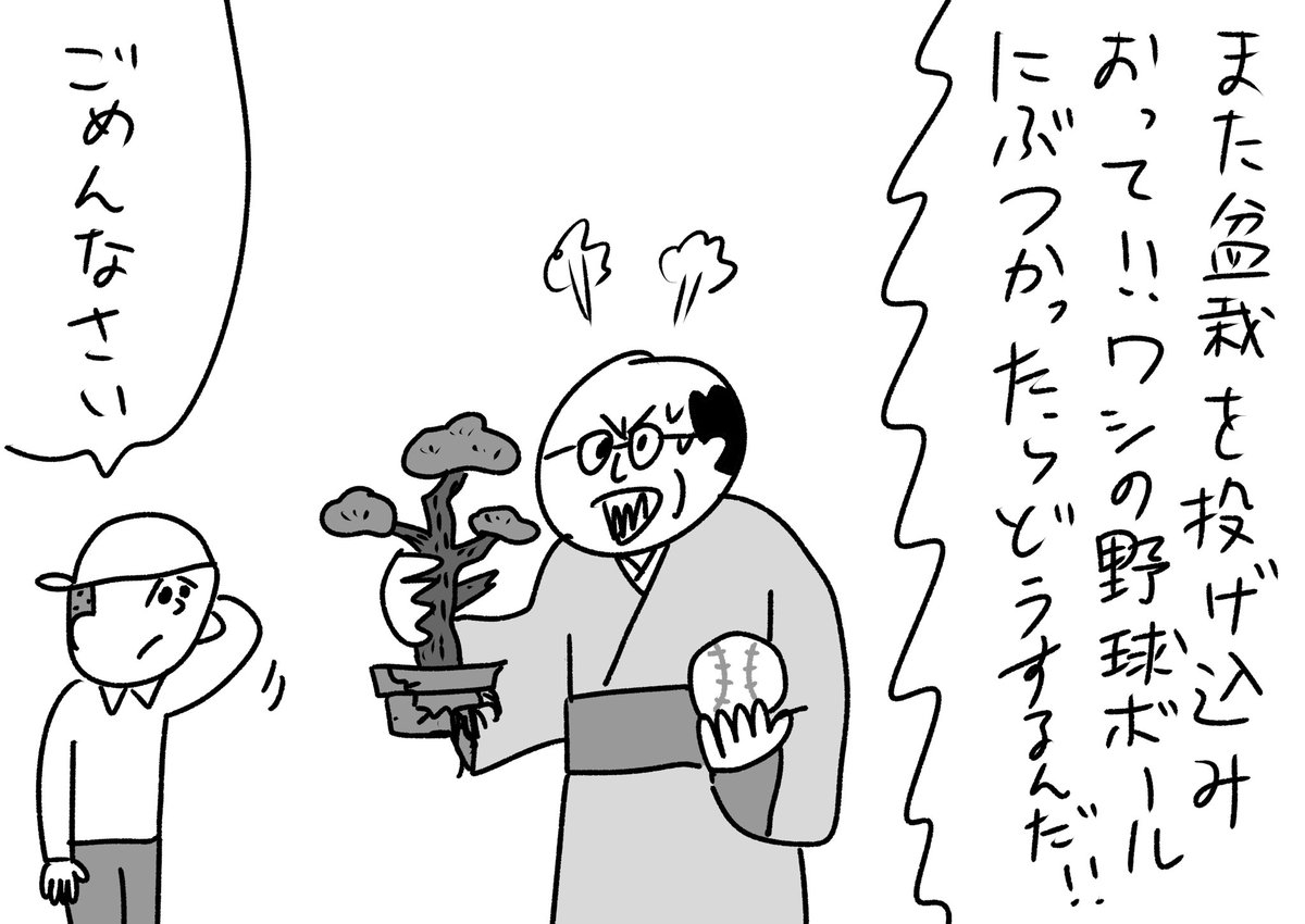 空き地で盆栽を投げている少年と庭に野球ボールを飾っているカミナリ親父
#おほまんが 