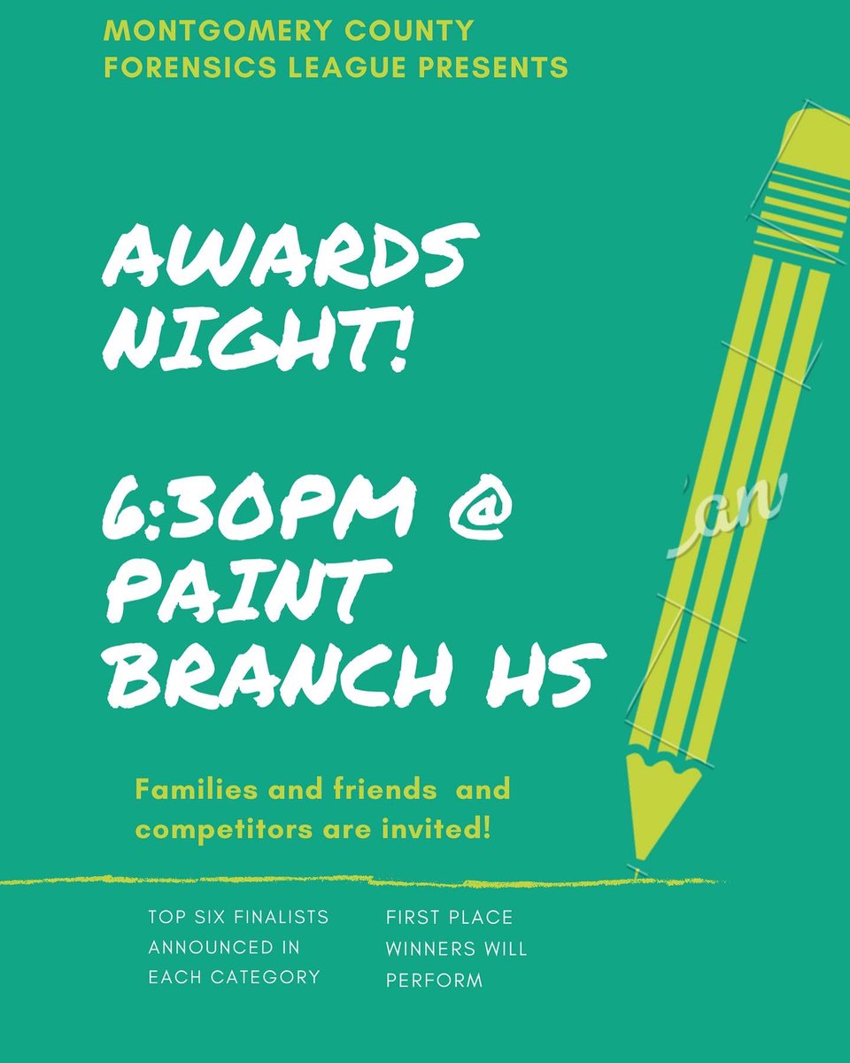 MoCoForensics (MCFL) (@mocoforensics) on Twitter photo Come out to Awards Night on Thursday, March 17 at 6:30pm at Paint Branch HS! Top 6 finishers will be announced. First place winners will perform. Friends and families invited! Spread the word @AmberClair76 <a href="/CburgForensics/">Clarksburg Forensics π¬</a> @PaintBranchMC <a href="/mcpsslu/">MCPS Student Leadership & ECAs</a> <a href="/MCPS/">MCPS</a> <a href="/MCPSTV/">MCPS-TV</a> @MsWard_DHS_MC Come out to Awards Night on Thursday, March 17 at 6:30pm at Paint Branch HS! Top 6 finishers will be announced. First place winners will perform. Friends and families invited! Spread the word @AmberClair76 <a href="/CburgForensics/">Clarksburg Forensics π¬</a> @PaintBranchMC <a href="/mcpsslu/">MCPS Student Leadership & ECAs</a> <a href="/MCPS/">MCPS</a> <a href="/MCPSTV/">MCPS-TV</a> @MsWard_DHS_MC