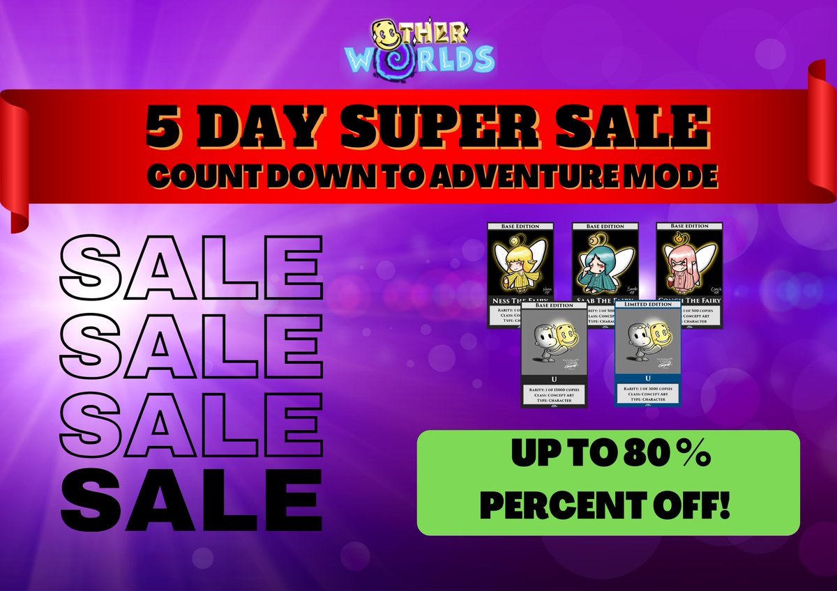 ToW_app's tweet photo. The Otherworlds will have its 5 day super sale!
Up to 80% off on selected NFTs!

Visit our marketplace now:
https://t.co/8pIYGXMj5O https://t.co/uOsiPzLcdE