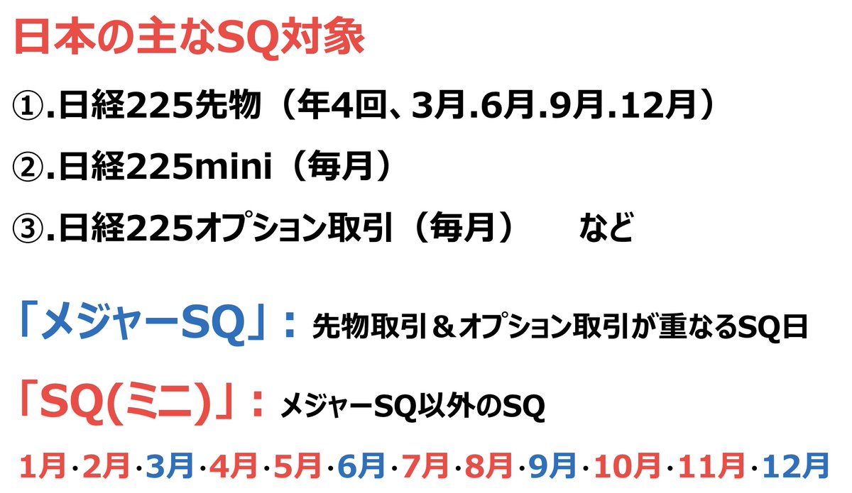 SQ（特別清算指数）とは ✓Special Quotationの略  ✓株価指数の先物取引またはオプション取引などを、最終的な決済期日で決済するための清算価格（指数）のこと  ✓各限月の取引最終日の翌日である「各限月の第2金曜日」がSQ算出日（SQ日） ✓指数構成銘柄の始値で計算され ...