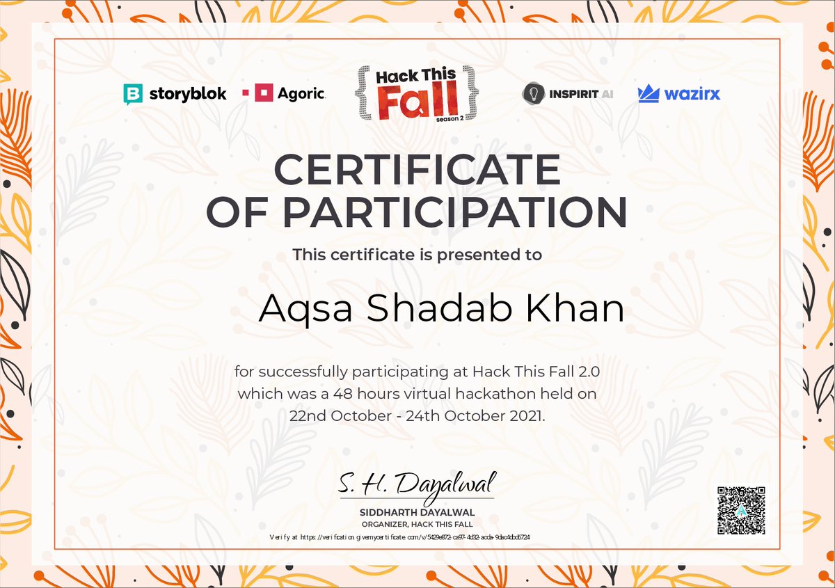 kAqsa5868's tweet photo. Thank you @hackthisfall and @siddharth_hacks for this wonderful event. Thank you for providing this amazing opportunity ✨✨❣️ #myFirstHackathon #Thanks https://t.co/U1olEQDdHi