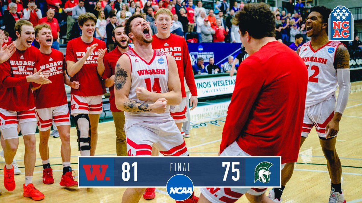 NCAC's tweet photo. NCAA Men’s #d3hoops Tournament | Quarterfinal

FINAL: @wabashathletics 81, Illinois Wesleyan 75

The Little Giants head to the semifinals! #NCACPride https://t.co/zItUzWCESO