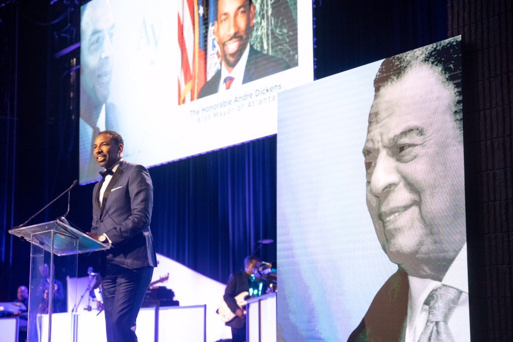 CityofAtlanta's tweet photo. Tonight, Mayor @Andreforatlanta celebrated @AmbAndrewYoung’s 90th birthday at the Peace and Reconciliation Dinner Gala to honor his legacy of dedicated service and to reflect on his long fight for equity and inclusion. #AY90 https://t.co/zdvPmRVW8w