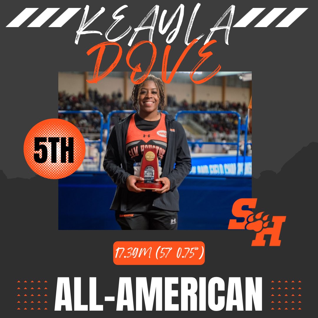 KeAyla Dove places 5th at the NCAA Indoor Nationals meet with a throw of 17.39M (57’ 0.75”)! This makes her part of the 1st team All-Americans! Congratulations and way to represent! #shotput #samfam