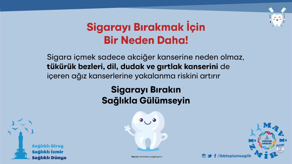 Sigara ve diğer tütün ürünleri, vücudun genel sağlığını olumsuz etkilediği gibi #AğızDişSağlığı için de oldukça tehlikelidir. 
#Dişçürükleri’nden #dişetihastalıklarına kadar pek çok soruna neden olur. 

#Maviİzmir
#GönüllüKarantina

<a href="/tuncsoyer/">Tunç Soyer</a>
<a href="/izmirbld/">İzmir Büyükşehir Belediyesi</a>
