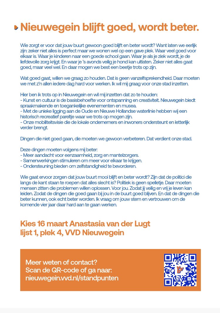 “Samen verbindt, versterkt en geeft resultaat”

Lees in de flyer van Anastasia waar zij trots op is en wat er volgens haar beter kan.

Nieuwegein: blijft goed, wordt beter.

Stem 16 maart: lijst 1, kandidaat 4