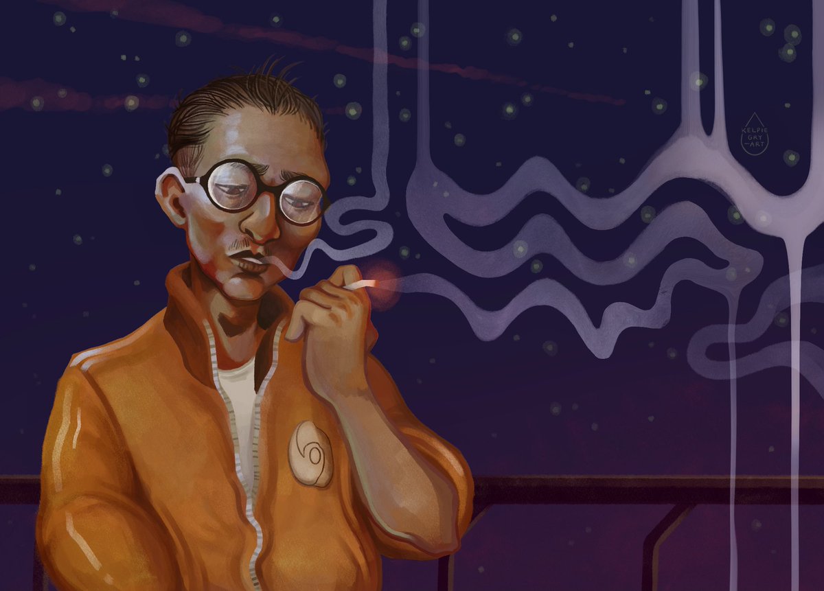 kelpiegry_art's tweet photo. I could hang about and burn my fingers, I've been hanging out here, waiting for something to start. #DiscoElysium #ArtistOnTwitter https://t.co/DVs5lcpMCv