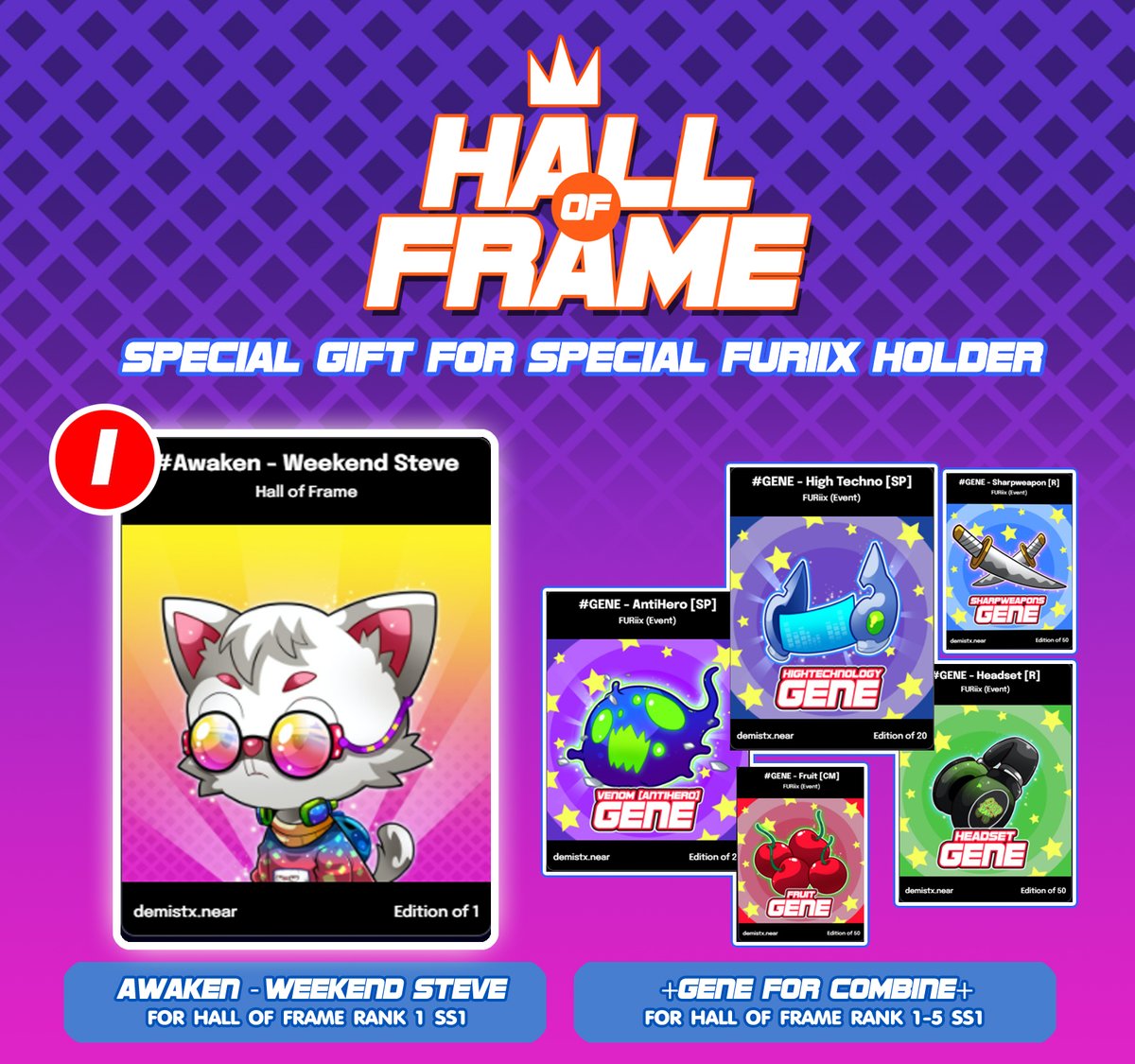 Hall of Frame RANKING SS1 . 🏆
Thank you all for your interest in FURIix.
And here's a small reward for the Special Holder. ⚔️🐱
paras.id/demistx.near/c…
.
#NEAR #NEARProtocol #nearNFTs #PARASnft  #NFT   #NFTTHAILAND #nftcollector #NFTCommunity #NFTartists #NFTCollection <a href="/ParasHQ/">Paras</a>
