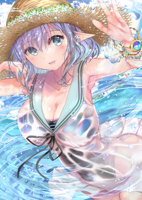 濡れ透けセーラーワンピ×競泳水着×水を操るエルフさん 