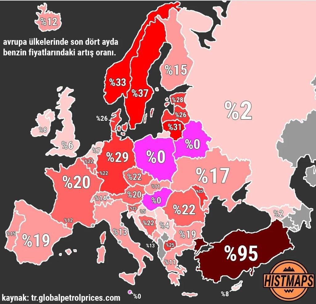 Avrupa ülkelerinde son dört ayda benzin fiyatlarındaki artış oranı 🤔