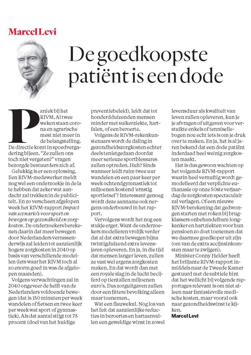 Diedhein's tweet photo. Bizar onderzoek RIVM inderdaad, dat er bijna voor pleit dat we niet te gezond moeten worden, want dat kost teveel. 🤔

 @MarcelLevi in @parool https://t.co/41c37rHori