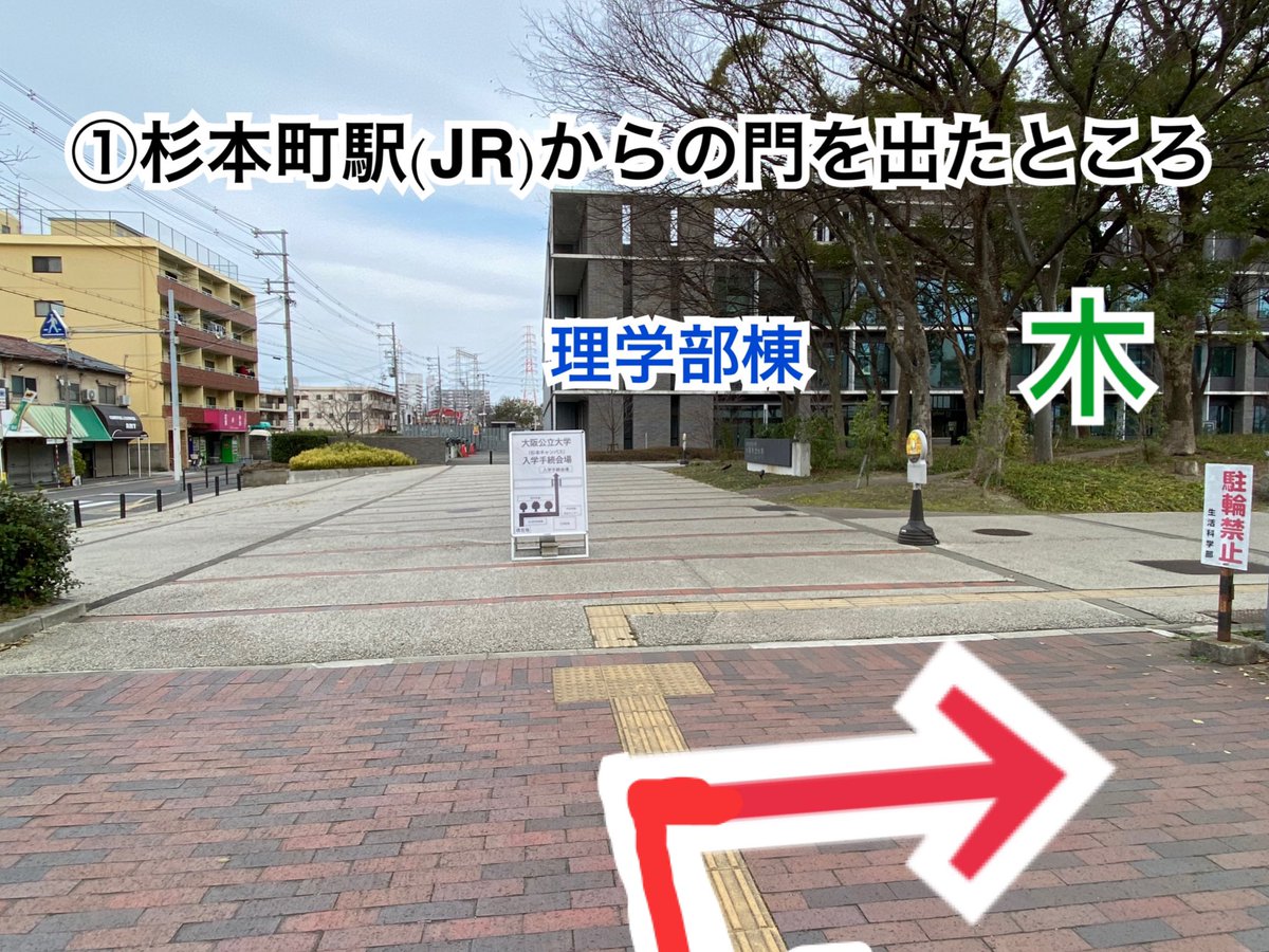 omucheering's tweet photo. 【入学手続き案内:場所(杉本)】

明日はいよいよ前期試験合格者の入学手続きですね！手続き会場までの道のりを案内します！

杉本キャンパスの案内のみとなります🙇‍♀️ですが、とっても丁寧に看板が立ててあるので他のキャンパスも迷うことはないと思います！
#春からOMU
#春から大阪公立大学 https://t.co/uyrSYsdGUQ