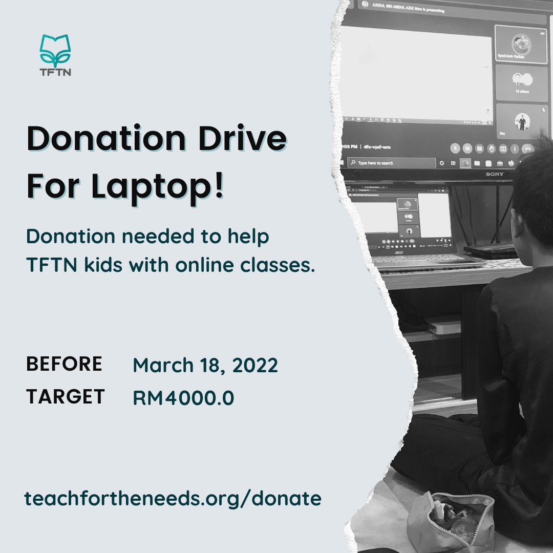 Salam semua, most of our kids are still having online classes and we hope to get donations to equip these kids with more laptops as each of them are learning at their own pace.
 
You can donate at teachfortheneeds.org/donate or contact Shamin (011-10516941) for more information.