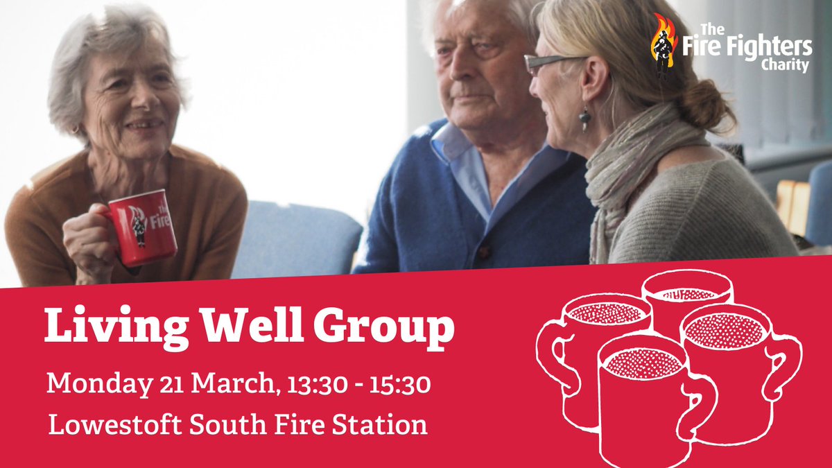 Join our face-to-face #LivingWellGroup later this month.

🚒 Lowestoft South Fire Station
📅 Mon 21 March 2022
⏰ 13:30-15:30

Open to all our retired fire services community, come for a brew &amp; meet new people. Contact Clare 👉 channaford@firefighterscharity.org.uk <a href="/FFCchannaford/">Clare Hannaford</a>