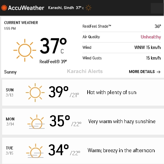 Khi_Alerts's tweet photo. سمندری ہوائیں معطل ہیں جس کے نتیجے میں کراچی میں آج بھی گرمی کی شدت زیادہ رہے گی۔ 
محکمہ موسمیات کا کہنا ہے کہ دن میں سمندری ہوائیں معطل رہیں گی  جبکہ شمال مغرب سےگرم اورخشک ہوائیں چلنےکاامکان ہے۔ محکمہ موسمیات نے 15مارچ تک  شہر قائد میں موسم گرم اورخشک رہنےکاامکان ظاہر کیا ہے ۔ https://t.co/8eOsPeVWMC