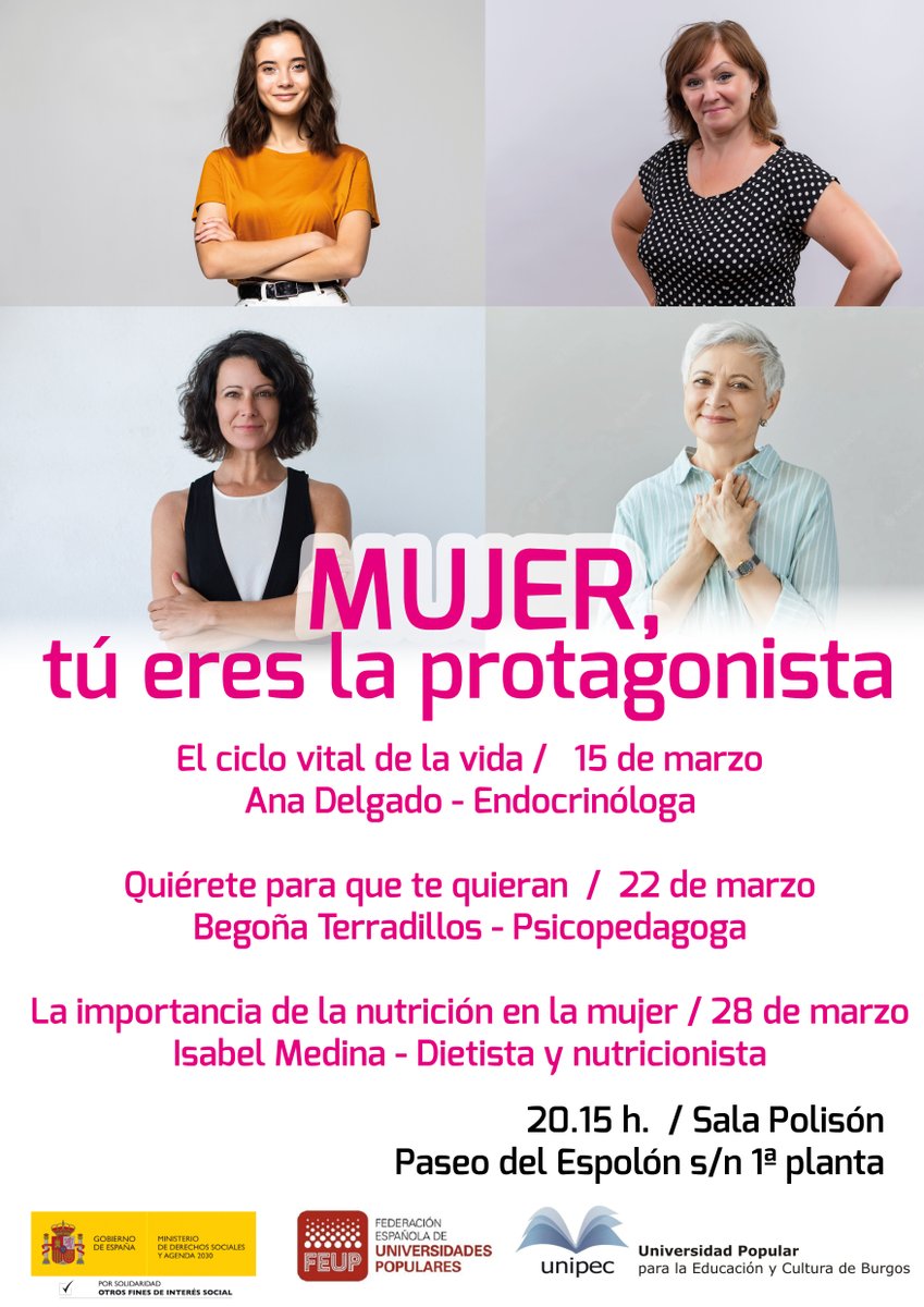unipecburgos's tweet photo. Este mes realizaremos 3 conferencias con motivo del día de la mujer (8 de marzo).  Los días 15, 22 y 28 de marzo a las 20:15 en la Sala Polisón. ¡Os esperamos!  #UNIPEC #mesdelamujer #endicrologia #psicologia #nutricion https://t.co/C6BjotsP7G