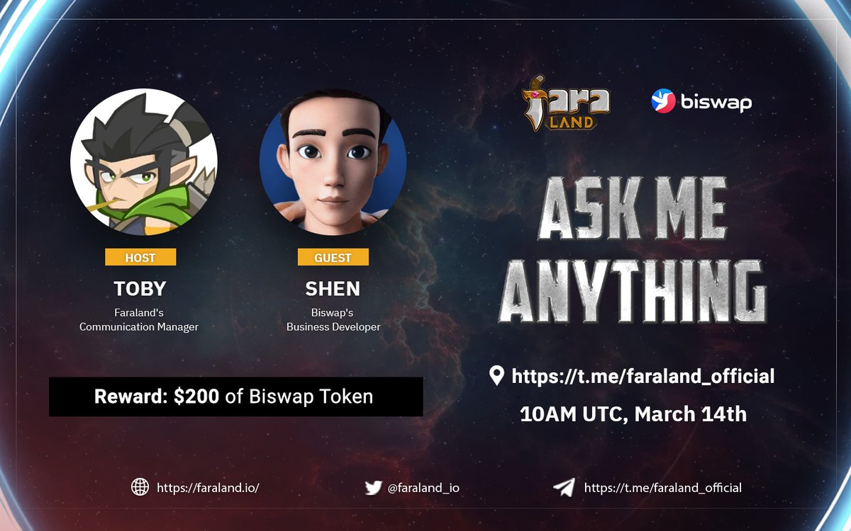 🎙Faraland x @Biswap_Dex AMA🎙 ⏰ Time: 10:00 AM (UTC), 14th March 📍 Location: t.me/faraland_offic… 💰Reward: $200 in FARA Comment a question and your Bep-20 address in this post⚔️ See you at the AMA‼️ #Faraland #Biswap #AMA