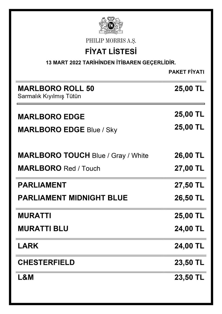 ankara_kusu's tweet photo. Müjdemi isterim sigaraya zam geldi 🤦‍♀️

İşte yeni marlboro, parliament, muratti, lark, l&amp;m, chesterfield fiyatları 😁 https://t.co/0mhyOsVMaH