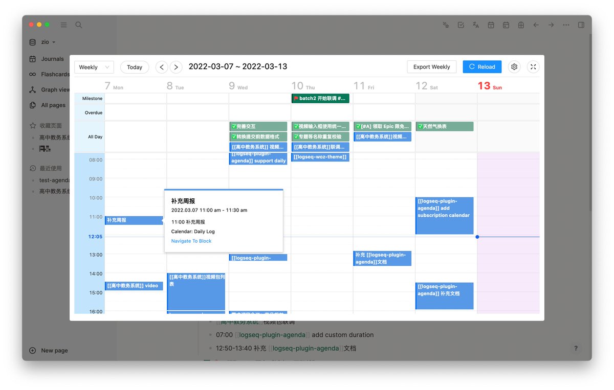 haydenull's tweet photo. I use @logseq  to manage my life and work. To more easily view todos. I made logseq-plugin-agenda.
The plugin supports using queries from the custom calendar to achieve your personalization needs.
Hope you like it.
https://t.co/JB3gkufwWn https://t.co/FJSzqxrPK9