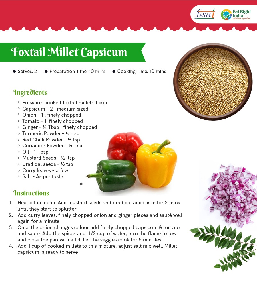 fssaiindia's tweet photo. Enjoy this new nutritious Foxtail Millet Capsicum recipe.

#RecipeRavivaar
#FoxtailMillets
#EatRightIndia

@MoHFW_INDIA @MIB_India @mygovindia  @AmritMahotsav https://t.co/uQ2MOfHc3w