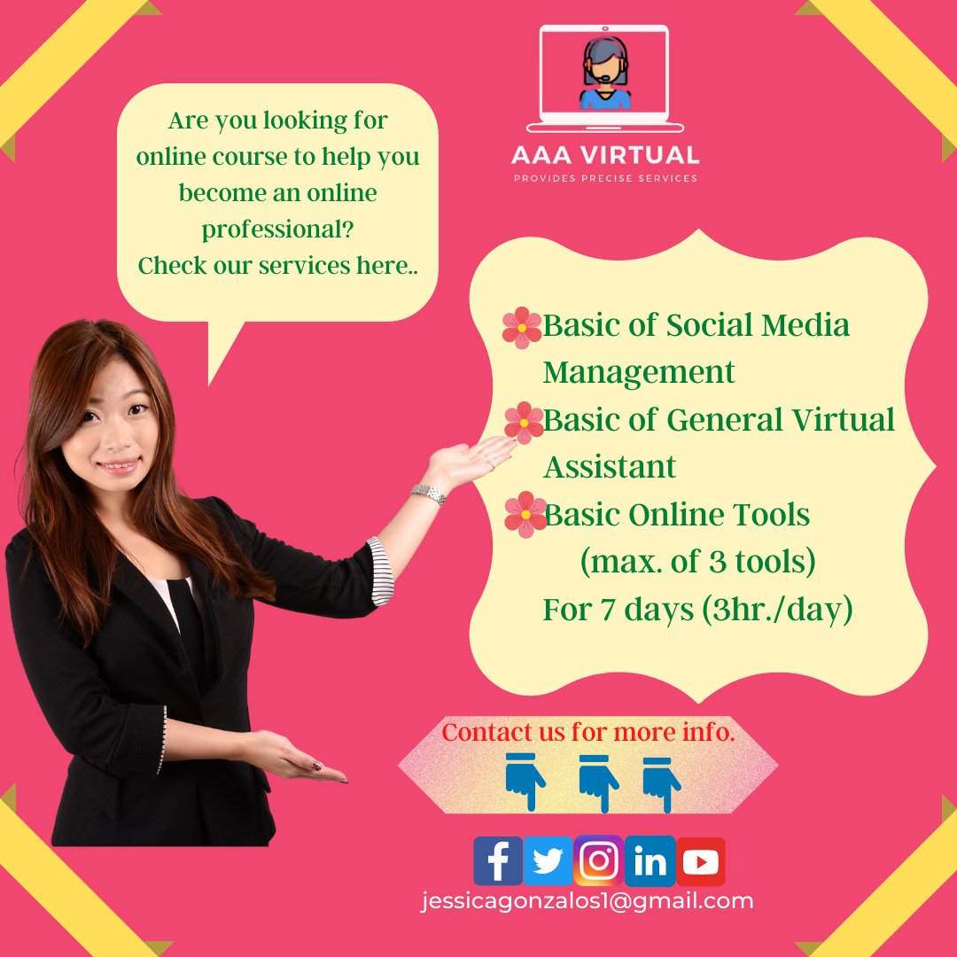 JessicaGonzalos's tweet photo. 🖥️📱Are you looking for someone who can help you and your business to grow??
Here I am, I can provide you with precise and detailed services.😉😀 
For more info click here:👇 👇 👇 
            https://t.co/4ROBcEgeOD
#AAAVirtual 
#AAAVirtualWorld 
#AAAVirtualAssistant  
#success https://t.co/o5AywNoNSN