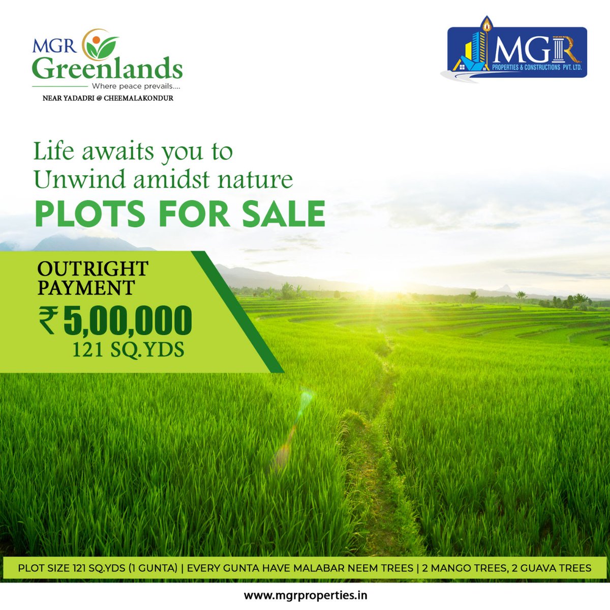 The Highest Opportunity to Give a Golden Future to the Future Generations
Invest Now in Greenlands
Book Your Plot Today!!
Call Us: 9848229966
E-Mail: info@mgrproperties.in 
#greenlands #realestateinhyderabad #FarmLands #farmlandforsaleinhyderabad #farmplots #farmvillas