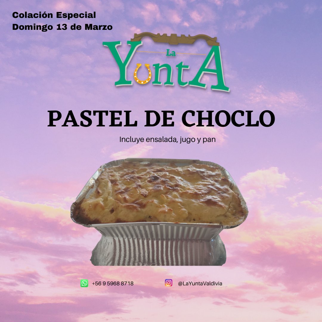LaYuntaValdivia's tweet photo. #ColaciónEspecial en @layuntavaldivia  tendremos para este #domingo 13/03 un delicioso ✨ #pasteldechoclo casero ✨ 

🏡 Te esperamos en Uruguay 5 - #Valdiviacl (🔎 Búscanos en Google maps) 

📖Puedes agendar llamando o enviando un WhatsApp al teléfono 📠 +56 9 5968 8718 https://t.co/JR9sSQWvC8