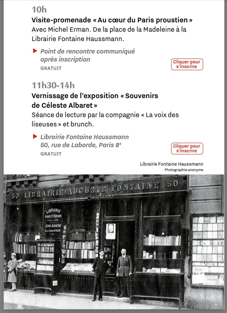 1/2 #Proust What's happening 13 mars at #LibrairieFontaineHaussmann?  
#FestivalProustPlaineMonceau2
10h: Visite-promenade « Au cœur du Paris proustien »
Avec Michel Erman.
 11h30-14h: Vernissage de l’exposition «Souvenirs
de Céleste Albaret»
Programme: hotelslitteraires.fr/wp-content/upl…