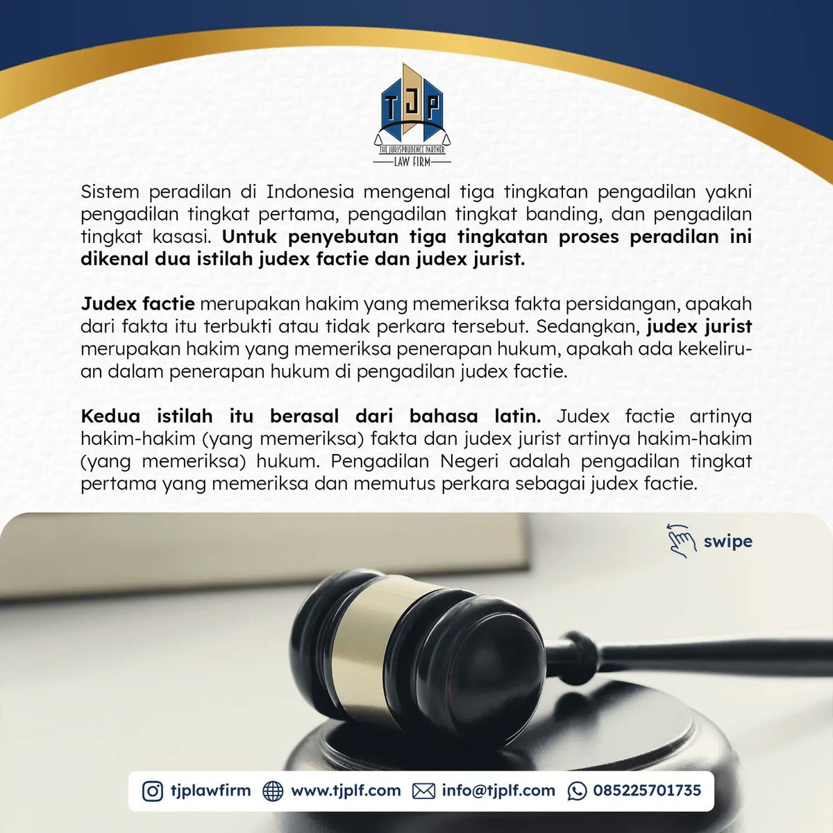 TJPLawFirm's tweet photo. Sistem peradilan di Indonesia mengenal tiga tingkatan pengadilan yakni pengadilan tingkat pertama, pengadilan tingkat banding, dan pengadilan tingkat kasasi. Untuk penyebutan tiga tingkatan ini, dikenal dua istilah: judex factie dan judex jurist.

#advokat #lawyer #pengacara https://t.co/fIySxKioAm
