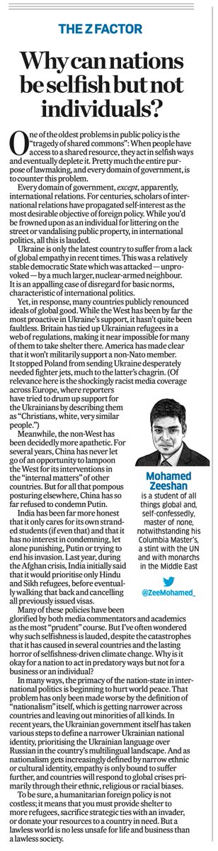 ZeeMohamed_'s tweet photo. In my #TheZFactor column for @DeccanHerald, I ask: Why is it okay for nations to be selfish & predatory but not businesses & individuals? Why is so much apathy & barbarism in foreign policy justified as "national interest"? #Ukraine #Kyiv https://t.co/PBZBqNDLHx https://t.co/txmTJoiQUF