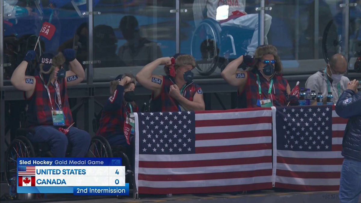 Earlier this week, the U.S. sled hockey team cheered on the U.S. wheelchair curling team while wearing matching sleeveless outfits.

Tonight at the sled hockey gold medal game, the U.S. wheelchair curling team is returning the favor. 

<a href="/TeamUSA/">Team USA</a> | #WinterParalympics