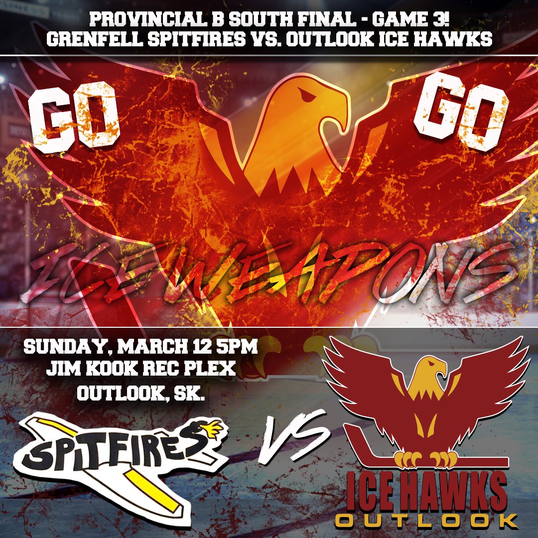 HEY #WINGNATION! Get your asses to the Jim Kook in Outlook for a 5pm puck drop tomorrow! <a href="/TheRealHAWKS/">Outlook Icehawks HC</a>, featuring your #WINGS <a href="/jagow13/">Jared Jagow</a>, <a href="/11Jbomber/">jordan johnston</a>, &amp; Kyle Ireland, put the boots to <a href="/GrenfellSpits/">Grenfell Spitfires</a> tonight to force a Provincial B South Final deciding game 3! #GOICEWEAPONSGO