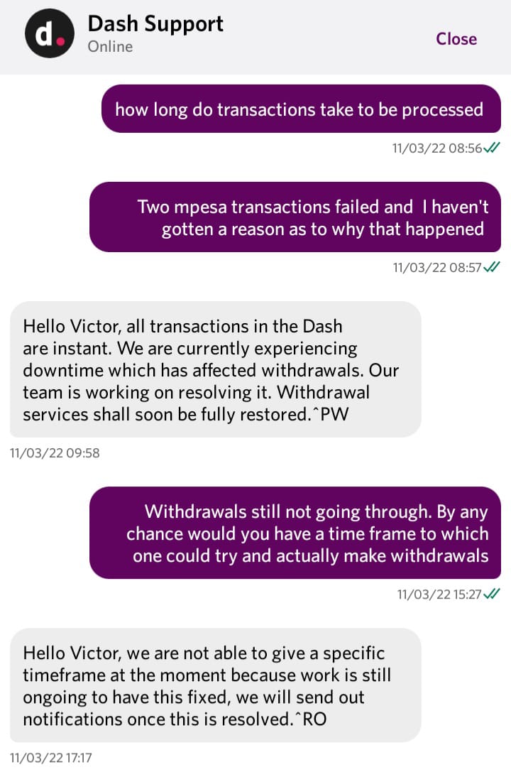 MuiruriVictor's tweet photo. @DashMeApp  I have been trying to make withdrawals from KE for the last two days. All my transactions have been failing resulting in losses in my business. Can this be sorted out please https://t.co/PpJ4X4f4N7