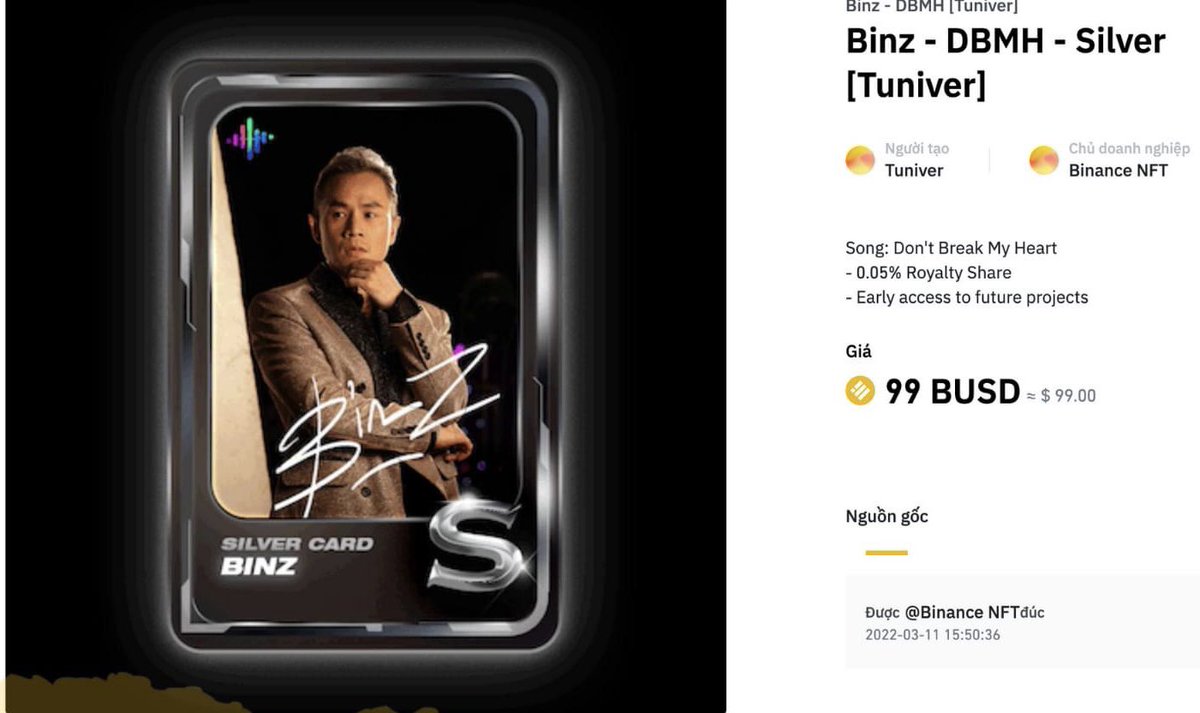 GMCapitalVN's tweet photo. One of the famous rappers of Vietnam, Binz, will release his first NFT collection, “Don't break my heart” this March 16 on Tuniver blockchain. The collection contains Platinum, Gold, Silver, and Bronze cards which contain different benefits. Any fans here? https://t.co/isSjVW1Mkc