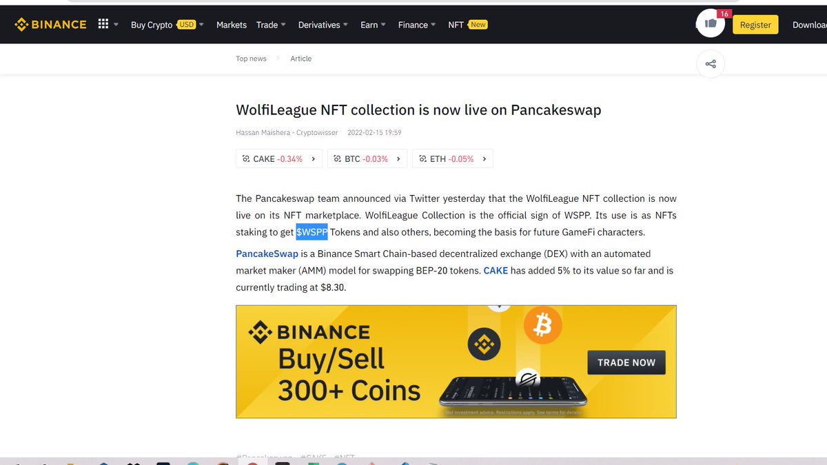 When <a href="/TheBinanceNFT/">Binance NFT</a> &amp; <a href="/binance/">Binance</a> 
Talk About our WolfiLeague NFT &amp; $WSPP Token !! 
what do you think ??

Thank for that. proof read here :
binance.com/en/news/top/69…