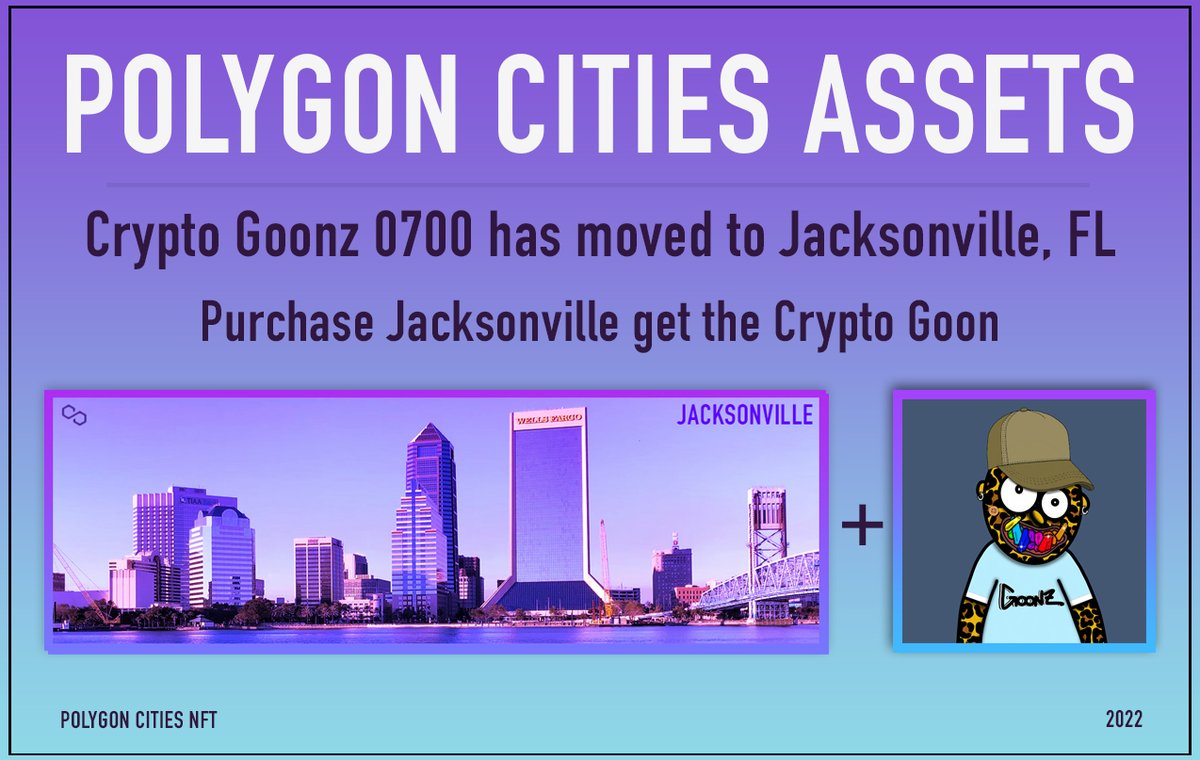 FCG_Studio's tweet photo. ((( @PolygonCities UPDATE )))
...
@Crypto__Goonz #0700 has moved to Jacksonville, FL
Get the #PolygonCities Jacksonville Twitter NFT banner get the Goon along with it!
https://t.co/bodiElFyOo
..
#PolygonNFT #PolygonCities #NFT2022 https://t.co/zBulSrzusz