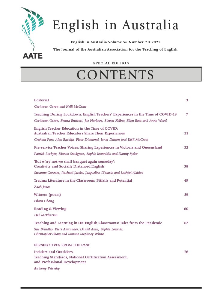 kmcg2375's tweet photo. I am really proud of this issue of English in Australia, co-edited with @CeridwenOwen. A special issue on 'English @ Home' aka teaching during the pandemic. Sample papers are online here: https://t.co/rZWErwWCiP #EESY #TeamEnglish #ozengchat #literacies https://t.co/GJlb6iwXlw