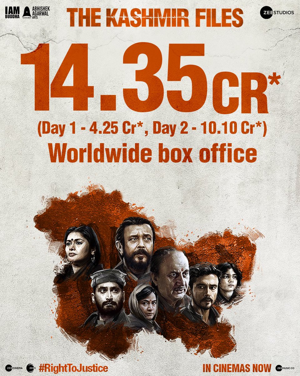 Zee Studios (@zeestudios_) on Twitter photo The staggering facts of #TheKashmirFiles are striking hard on the box office!🙌🏻
The movie is in cinemas now, book your tickets.
bookmy.show/TheKashmirFiles
m.paytm.me/thekashmirfiles
<a href="/mithunda_off/">Mithun Chakraborty</a> <a href="/AnupamPKher/">Anupam Kher</a> <a href="/DarshanKumaar/">Darshan Kumaar</a> #ChinmayMandlekar #PallaviJoshi <a href="/vivekagnihotri/">Vivek Ranjan Agnihotri</a> The staggering facts of #TheKashmirFiles are striking hard on the box office!🙌🏻
The movie is in cinemas now, book your tickets.
bookmy.show/TheKashmirFiles
m.paytm.me/thekashmirfiles
<a href="/mithunda_off/">Mithun Chakraborty</a> <a href="/AnupamPKher/">Anupam Kher</a> <a href="/DarshanKumaar/">Darshan Kumaar</a> #ChinmayMandlekar #PallaviJoshi <a href="/vivekagnihotri/">Vivek Ranjan Agnihotri</a>