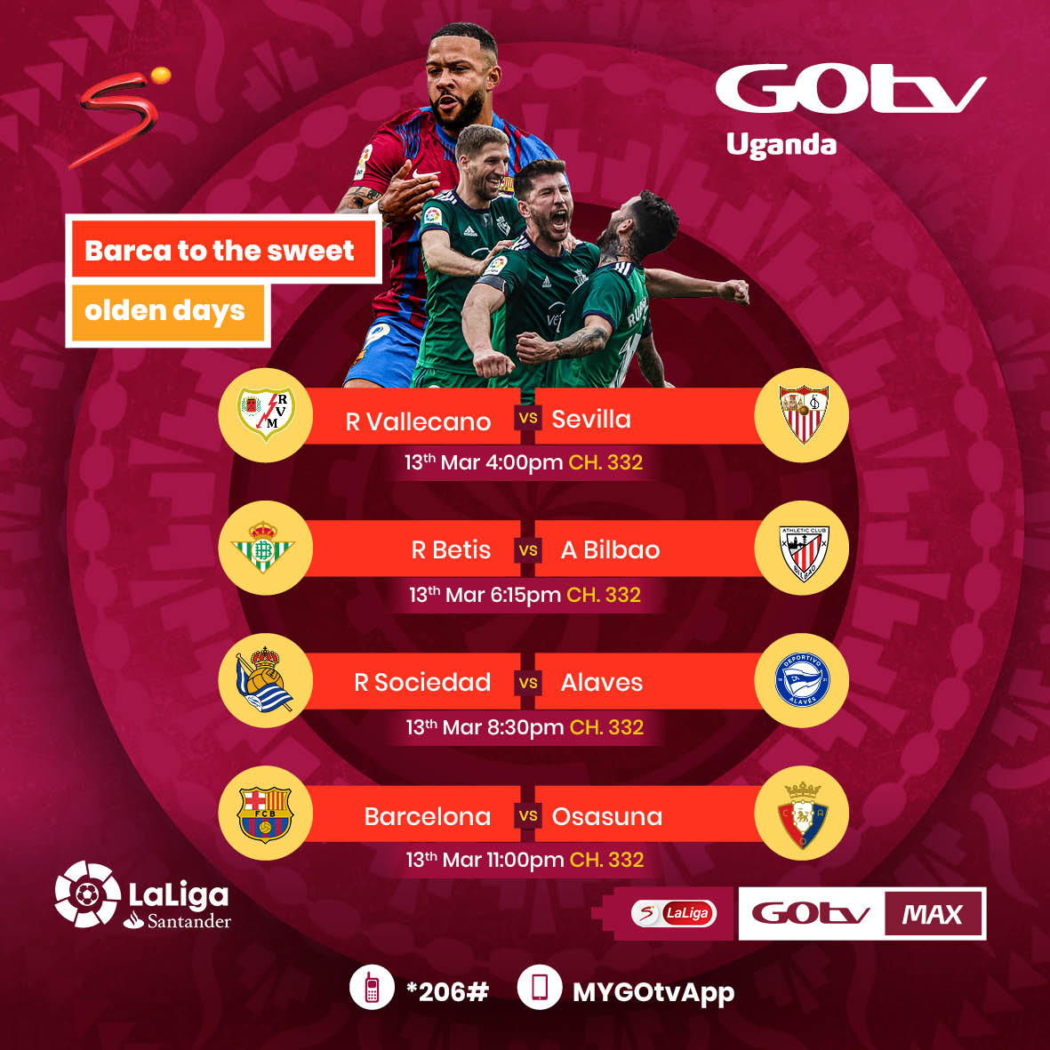 GOtvUganda's tweet photo. Barcelona awalampa kimeeza one match at a time 😌! Enjoy your Sunday chills with amazing La Liga football on SS La Liga Ch 332.
Download MyGOtv App: https://t.co/l5isueNaz6 to upgrade your package and get stepped up to the next.
#LinnyaGradeNeGOtv #OurHomeOurFootball https://t.co/uIJMdpkH6C