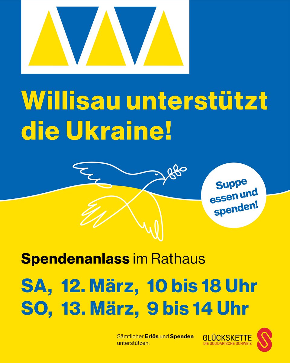 WillisauerCafe's tweet photo. Toller Erfolg gestern vor dem Rathaus #Willisau.
Feine Gerstensuppe, grosse Spendenfreudigkeit u gute Stimmung bei der grossen #Glücksketten-Sammlung für die #Ukraine 🇺🇦.
Heute gibt es nochmals die Gelegenheit, die #Solidität mit der Ukraine zu zeigen.
💙Kommen Sie doch auch 💛 https://t.co/RYxt2nkQLd