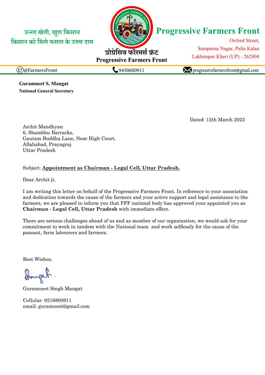 FarmersFront's tweet photo. The PFF national team has appointed Adv. Archit Mandhyan @MandhyanArchit as Chairman Legal Cell of Uttar Pradesh. We wish him good luck. 

@Kisanektamorcha @Tractor2twitr @ANI @PTI_News @rohini_sgh @JaszMangat @mandeeppunia1 @PunYaab https://t.co/YUiOfEkVqw