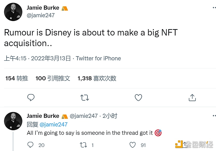 3月13日消息，Outlier Ventures首席执行官Jamie Burke发推表示，有传言称迪士尼将会进行一笔大型NFT收购。如果交易成功，这将是该行业迄今为止最大的一笔交易。