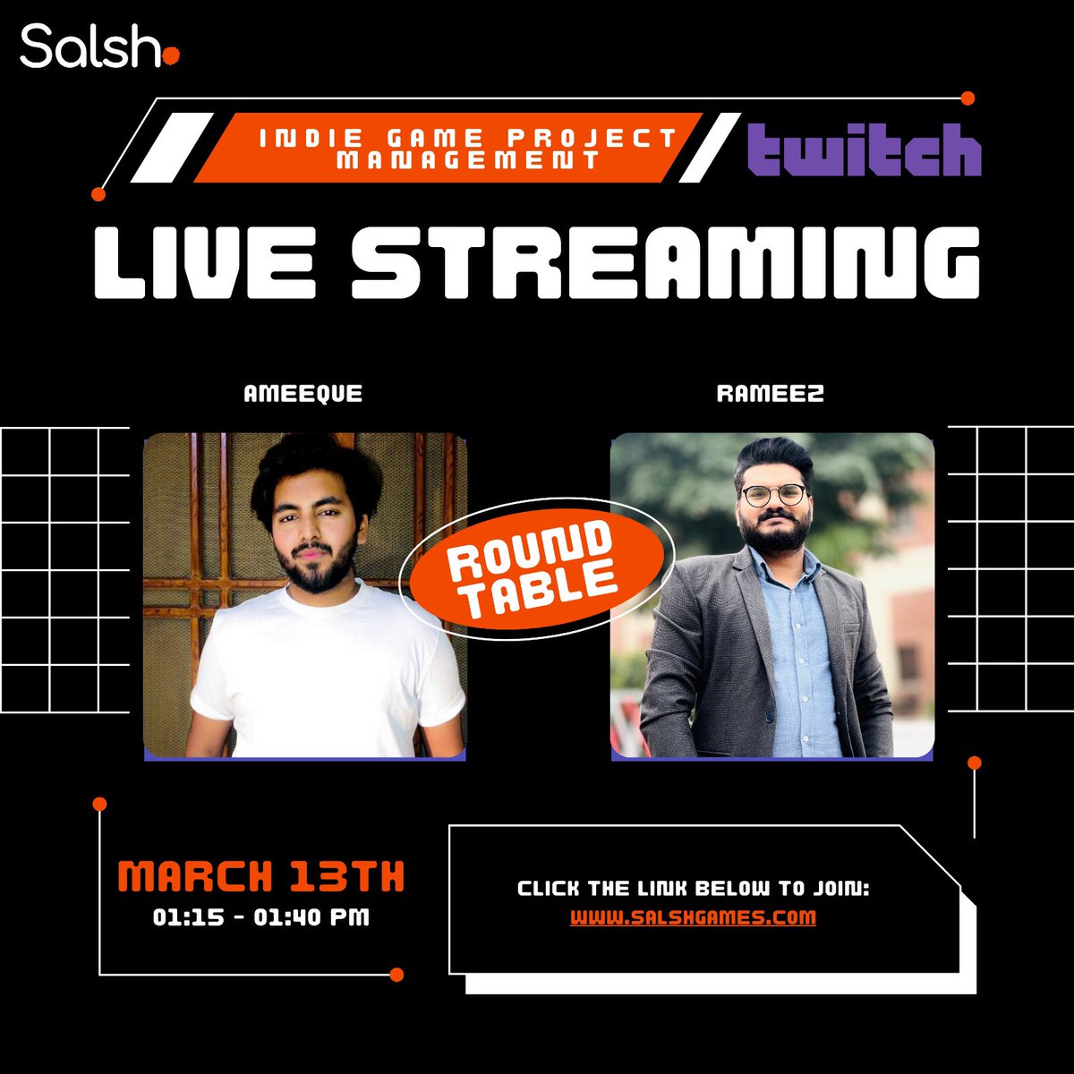 SalshGames's tweet photo. We will be live on twitch with our management team from 1:15PM-1:40PM. Follow the Link 
https://t.co/1vdkc9RDjz @GamesSalsh https://t.co/GVMEvYkpA4