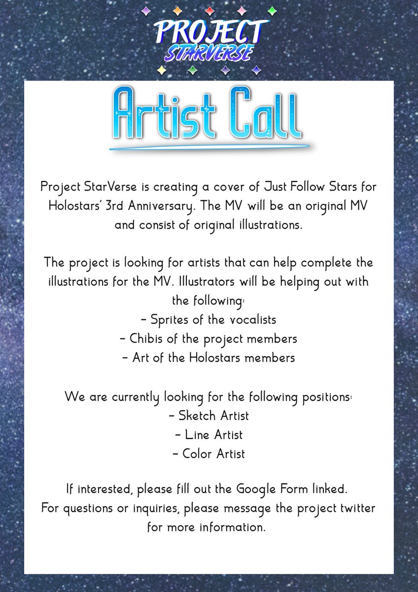 PStarverse's tweet photo. ✨ PROJECT STARVERSE ARTIST CALL✨

Interested in joining? Project StarVerse is looking for artists to help create illustrations for the MV! More info down below.

To sign up, please fill out the Google Form:
https://t.co/8Koujfv0t2

DEADLINE: MARCH 27 11:59 PM CST (GMT -6) https://t.co/nRGopGMRDv
